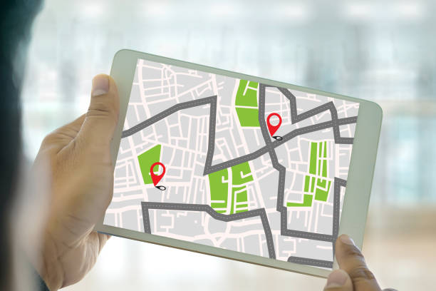 istock GPS Map to Route Destination network connection Location Street Map with GPS Icons  Navigation 911314220