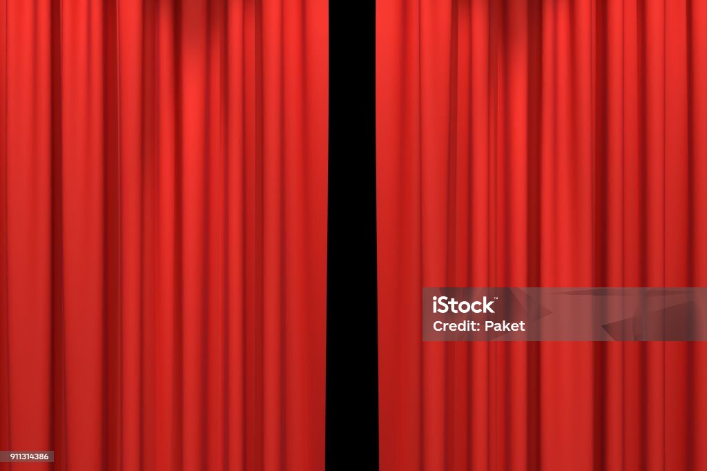 Red stage curtains Red stage curtains. Luxury red velvet drapes, silk drapery. Realistic closed theatrical cinema curtain. Waiting for show, movie end, revealing new product, premiere, marketing concept. 3D illustration Curtain Stock Photo