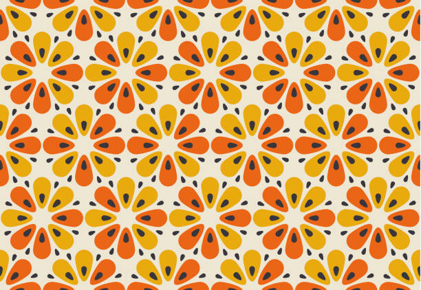 retro pomarańczowy i żółty kolor 60s motyw kwiatowy. geometryczny kwiatowy wzór bez szwu.  ilustracja wektorowa - 1960s style 1970s style flower backgrounds stock illustrations