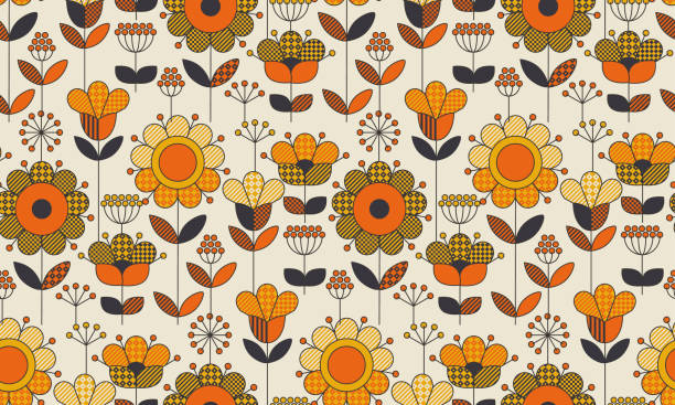Simple geometric floral seamless pattern. Retro 60s sunflowers motif in fall orange and yellow colors. Decorative flower vector illustration.