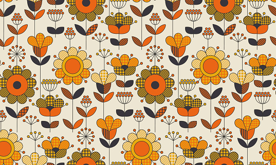 Simple geometric floral seamless pattern. Retro 60s sunflowers motif in fall orange and yellow colors. Decorative flower vector illustration.