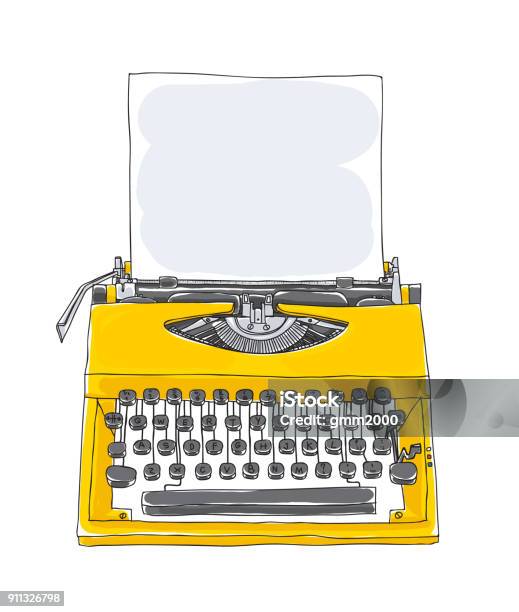 Yellowtypewriter Old Hand Drawn With Paper Cute Art Illustration Stock Illustration - Download Image Now