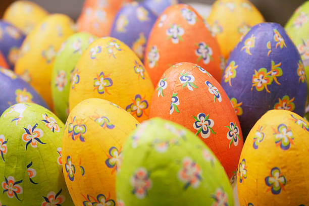 Lot of decorated eggs in different colours