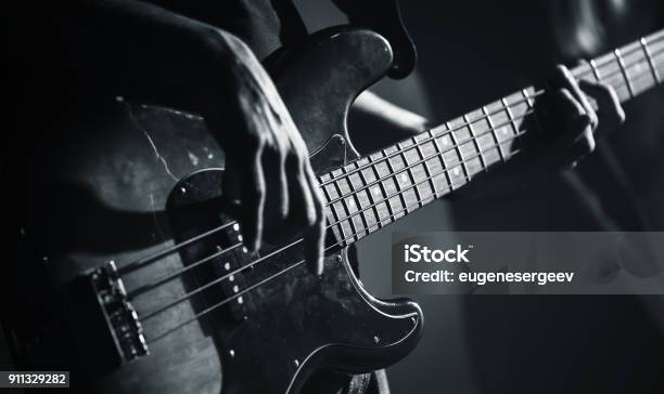 Electric Bass Guitar Black And White Photo Stock Photo - Download Image Now - Guitar, Bass Guitar, Rock - Object