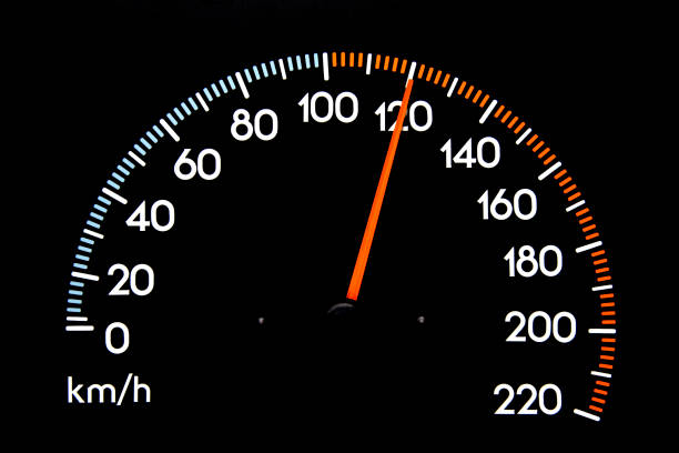 Speedometer 120 kmh Closeup image of Speedometer with needle displaying 120 kmh 100 mph stock pictures, royalty-free photos & images