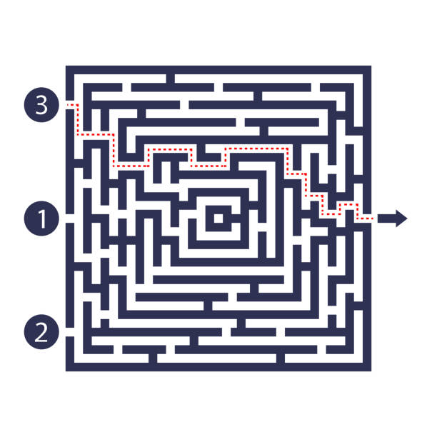 ilustrações de stock, clip art, desenhos animados e ícones de labyrinth game. three entrance, one exit and one right way to go. but many paths to deadlock. vector illustration. - challenge outline choice business