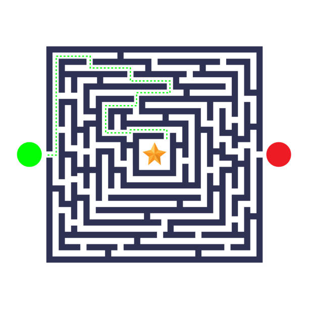 ilustrações de stock, clip art, desenhos animados e ícones de labyrinth game. three entrance, one exit and one right way to go. but many paths to deadlock. vector illustration. - challenge outline choice business