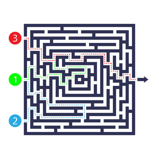 ilustrações de stock, clip art, desenhos animados e ícones de labyrinth game. three entrance, one exit and one right way to go. but many paths to deadlock. vector illustration. - challenge outline choice business