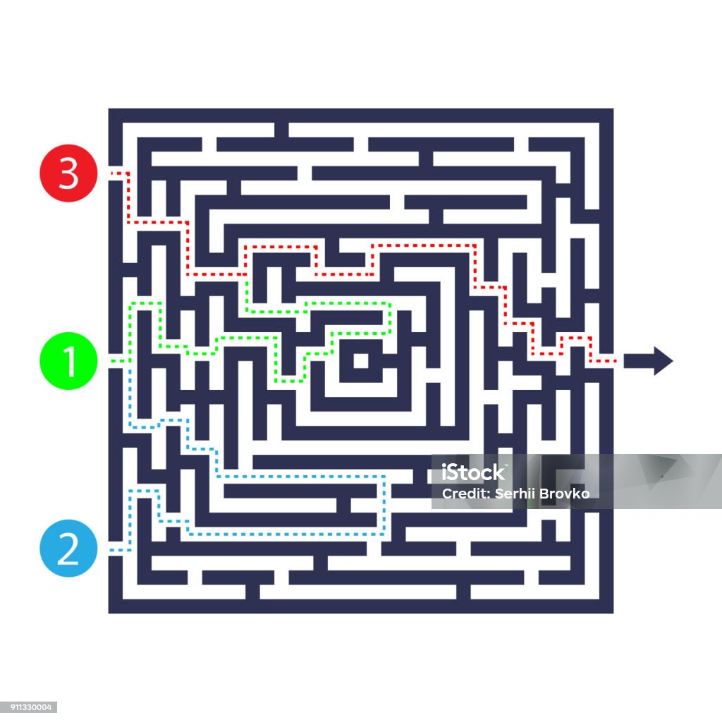 Labyrinth game. Three entrance, one exit and one right way to go. But many paths to deadlock. Vector illustration. Labyrinth game. Three entrance, one exit and one right way to go. But many paths to deadlock. Vector illustration. Eps 10. Maze stock vector