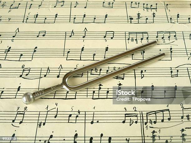 Fork On Old Sheet Music Stock Photo - Download Image Now - Tuning Fork, Musical Note, Music