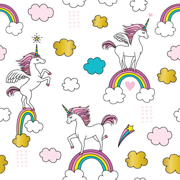 illustrations, cliparts, dessins animés et icônes de joli modèle sans couture licorne - unicorn