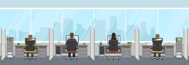 ilustrações de stock, clip art, desenhos animados e ícones de modern office interior with employees. office space with panoramic windows. - modern office