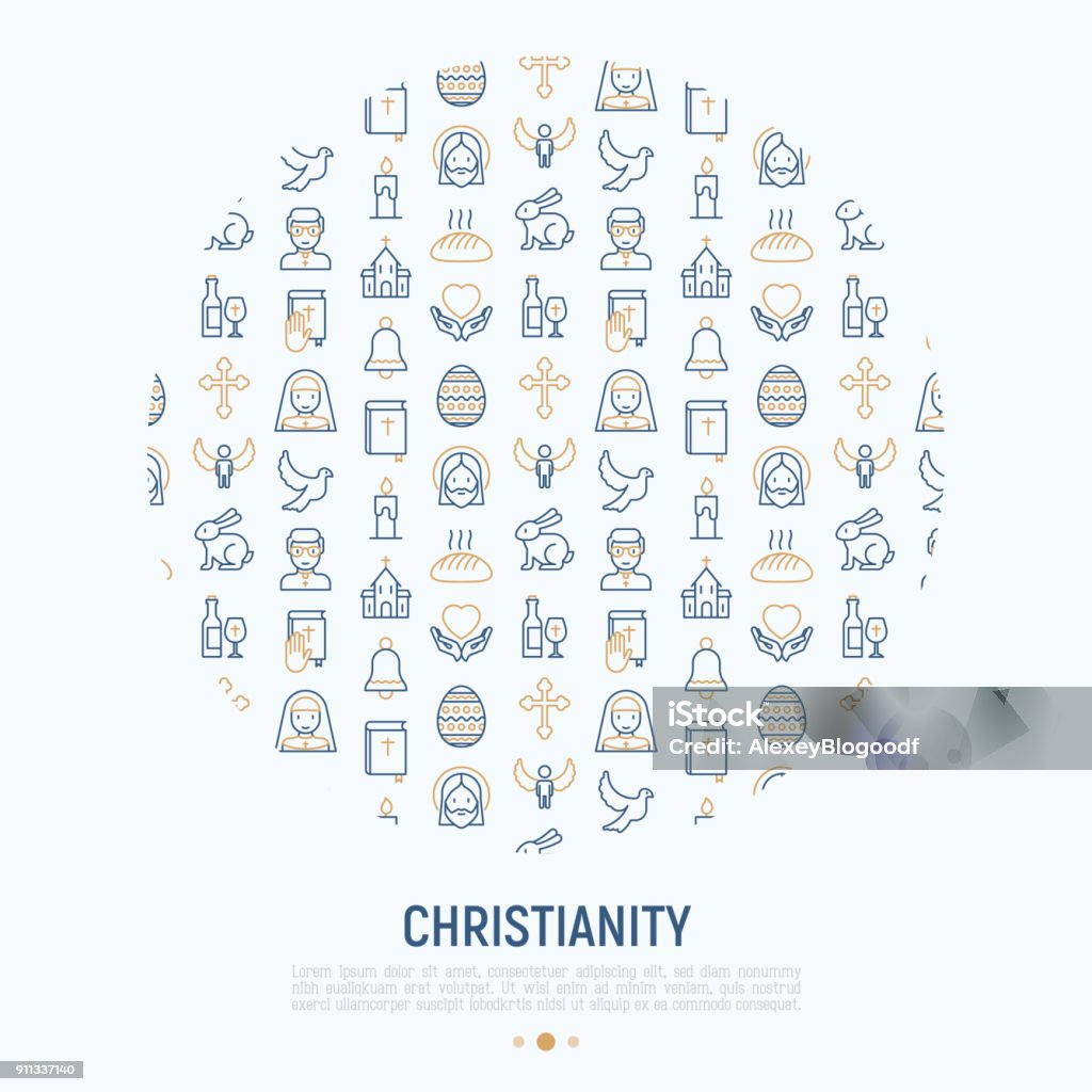 Christianity concept in circle with thin line icons of priest, church, nun, crucifixion, Jesus, bible, dove. Vector illustration for banner, web page, print media. Icon Symbol stock vector