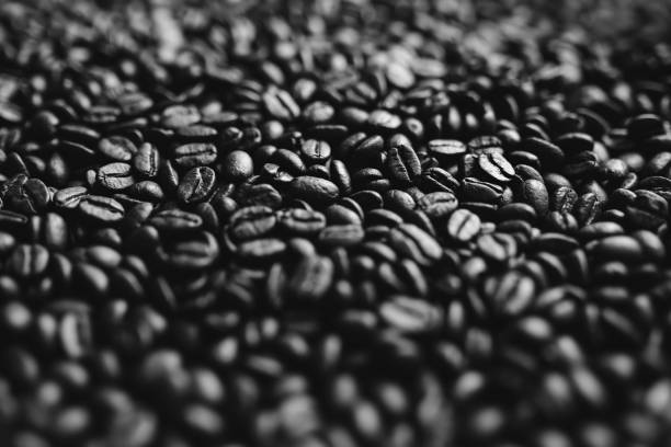 Roasted coffee beans background. Abstract texture pattern. Black and white photo