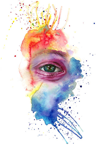 istock Watercolor drawing of a man's head is dirty in paint, multi-colored face, portrait, opened eye, glare on iris of the eye, on holiday holi, indian holiday, with element of splashed paint on white backg 911344610