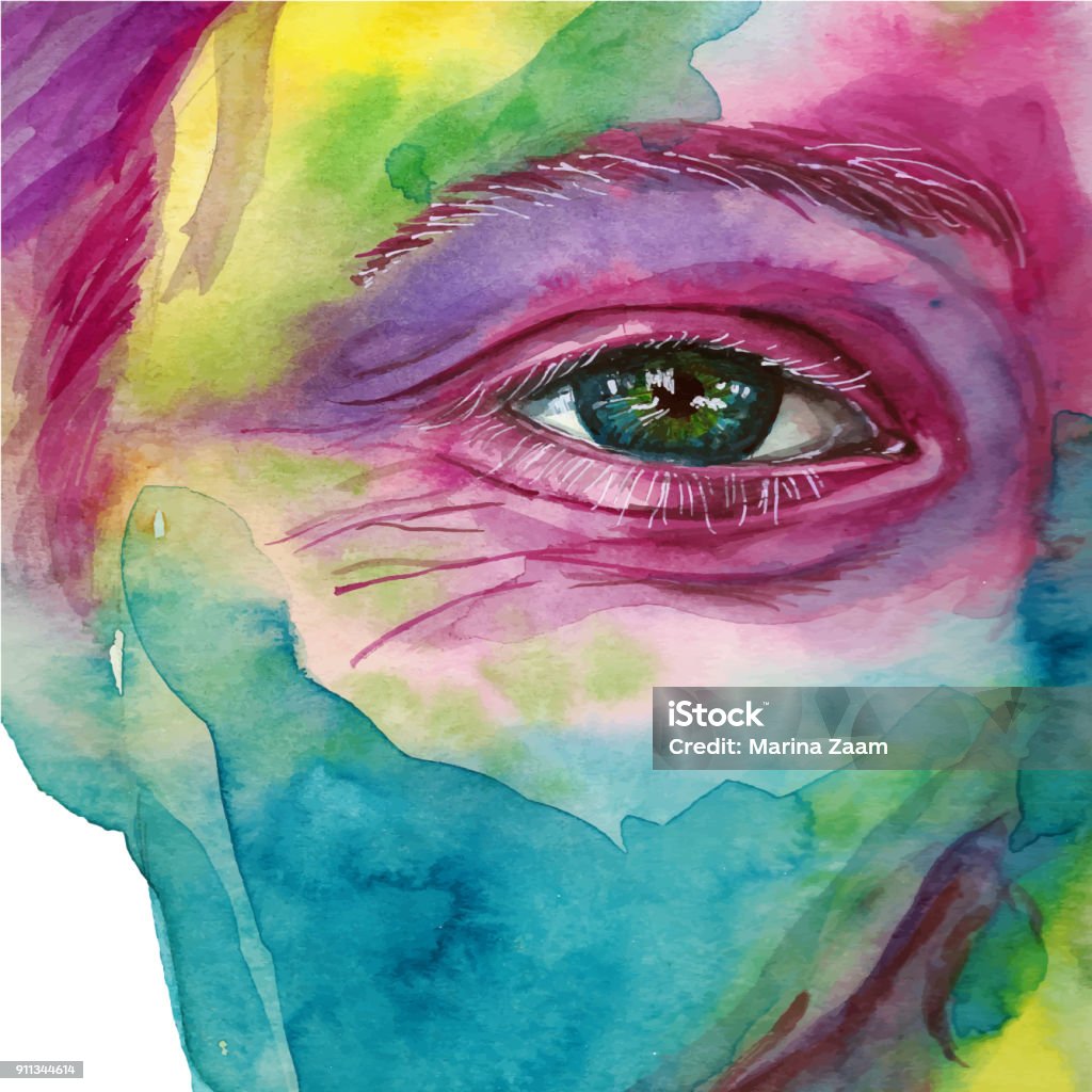 Watercolor Drawing Of A Mans Head Smeared In Paint Multicolored Face  Portrait Opened Eye Glare On Iris Eyes On Holiday Holi Indian Holiday White  Background For Decoration And Decoration Stock Illustration -