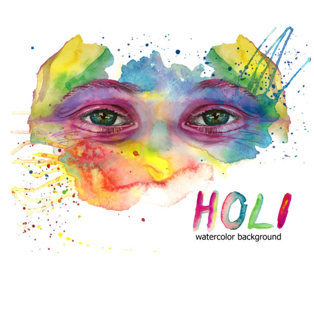 istock Watercolor drawing of a man's head is dirty in paint, multi-colored face, portrait, opened eye, glare on iris of the eye, on holiday holi, indian holiday, with element of splashed paint on white backg 911344618