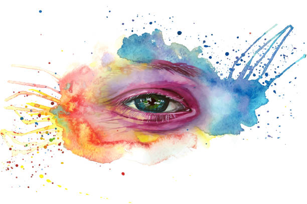 istock Watercolor drawing of a man's head is dirty in paint, multi-colored face, portrait, opened eye, glare on iris of the eye, on holiday holi, indian holiday, with element of splashed paint on white backg 911344662