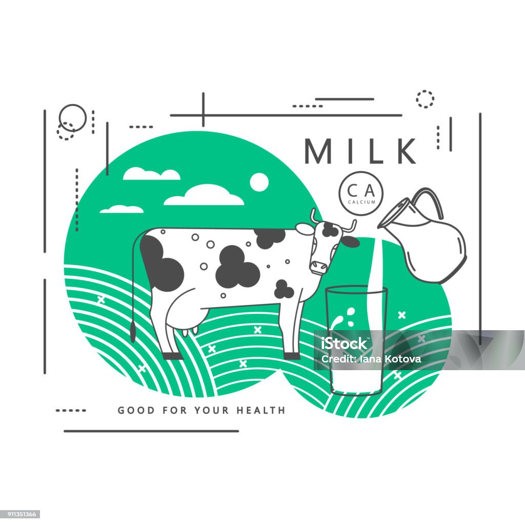 Um copo com um pouco de leite, um jarro e uma vaca. Ilustração em vetor. - Vetor de Fêmea de mamífero royalty-free