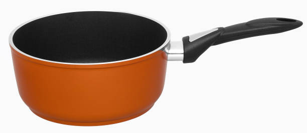 Orange color teflon saucepan isolated on white background.