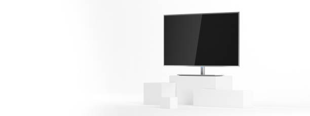 istock Smart TV with blank screen Mockup on white and golden cubes 911356160
