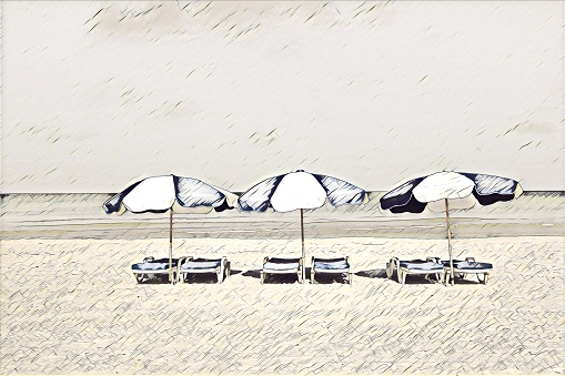 Painterly sketch like effect of beach scene with three lounge chairs and sun umbrellas in a row on beach and ocean in background. Monotone vintage grunge effect.