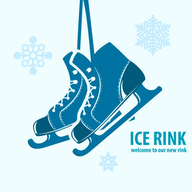 illustrazioni stock, clip art, cartoni animati e icone di tendenza di pattini con testo pista di pattinaggio sul ghiaccio - emblema invernale con fiocchi di neve.  emblema vettoriale. - ice skates