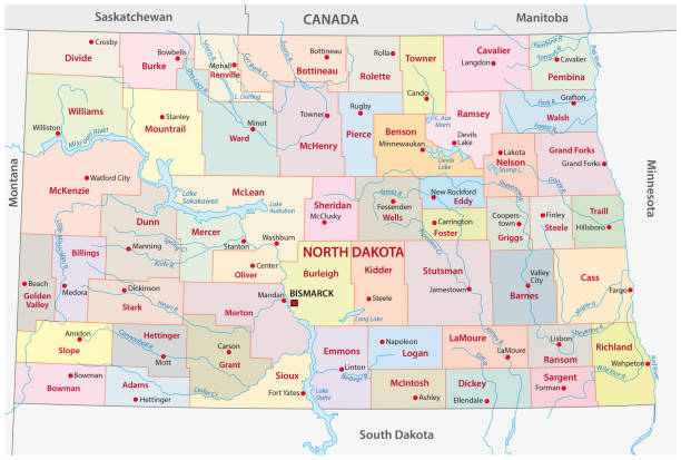 północna dakota administracyjna i polityczna mapa wektorowa - southern manitoba stock illustrations