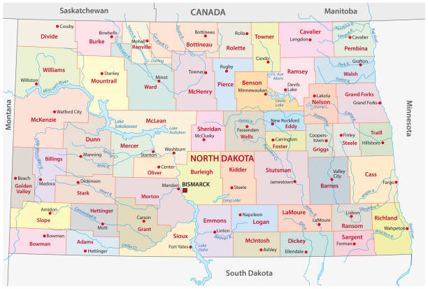ilustrações de stock, clip art, desenhos animados e ícones de north dakota administrative and political vector map - north dakota