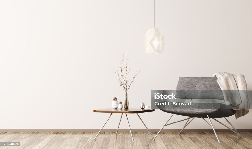 Interior with armchair and coffee table 3d rendering Interior of living room with wooden coffee table, lamp and  black armchair 3d rendering Indoors Stock Photo