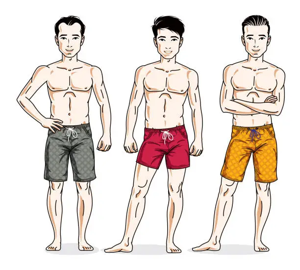 Vector illustration of Handsome men group standing wearing beach shorts. Vector different people characters set.