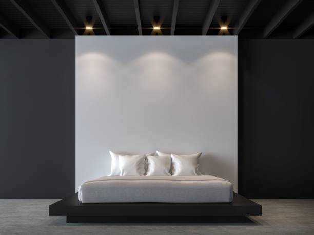 Modern loft bedroom with black and white 3d rendering image