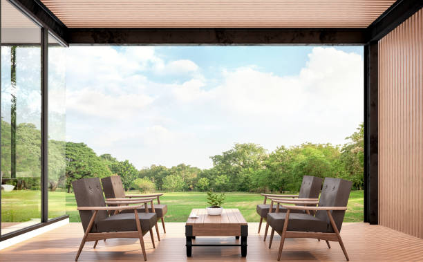 istock Wood pavillion with garden view 3d rendering image. 911397396