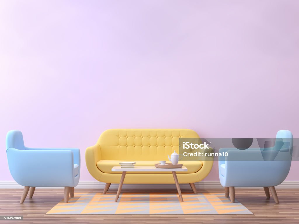 Colorful living room with pastel color 3d rendering image Colorful living room with pastel color 3d rendering image.There are minimalist style image ,pink empty wall,wood floor furnished with yellow and blue furniture Sofa Stock Photo