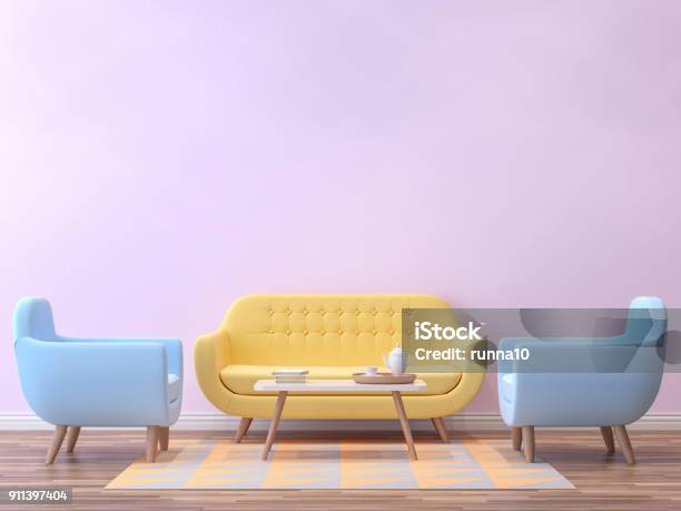 Colorful Living Room With Pastel Color 3d Rendering Image Stock Photo - Download Image Now