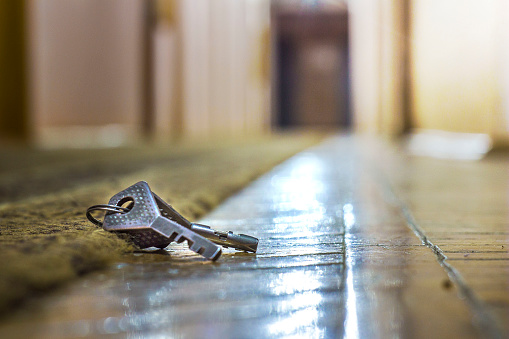 lost keys in the hotel lobby from the office, the background and background are blurred with the bokeh effect