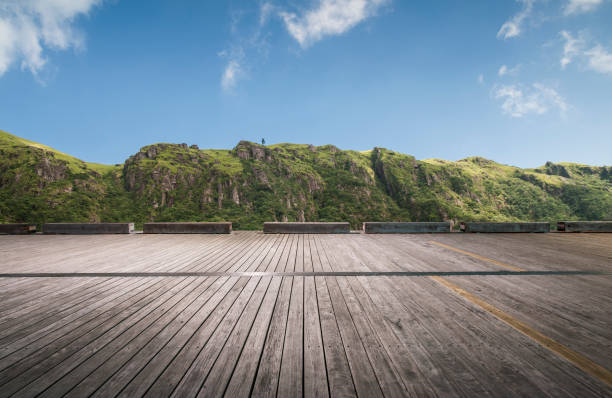 empty wooden board front of mountain ranges,China,Asia.