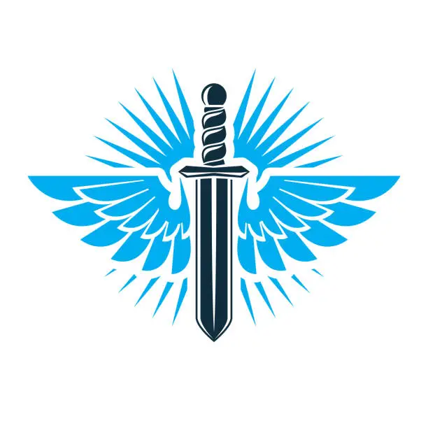 Vector illustration of Vector graphic illustration of sword created with bird wings, battle and security metaphor symbol. Seraph vector emblem.