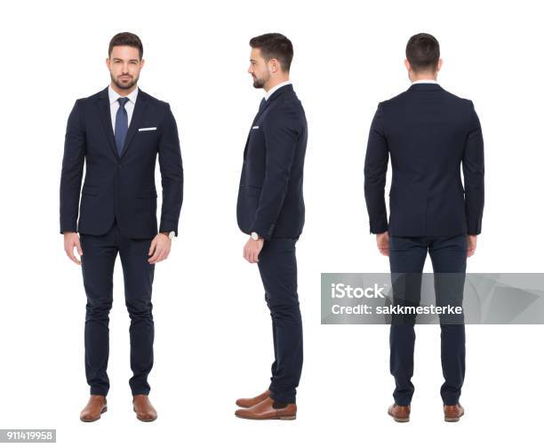 Young Caucasian Stylish Businessman Front Side Rear View Isolated Stock Photo - Download Image Now