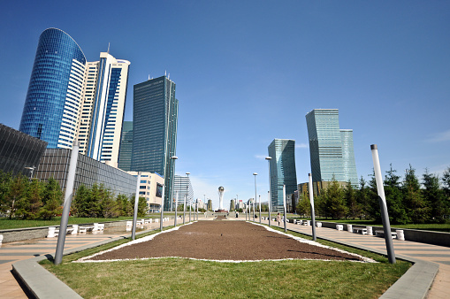 The kazakh capital Astana captured during springtime. Modern office buildings with blue sky.