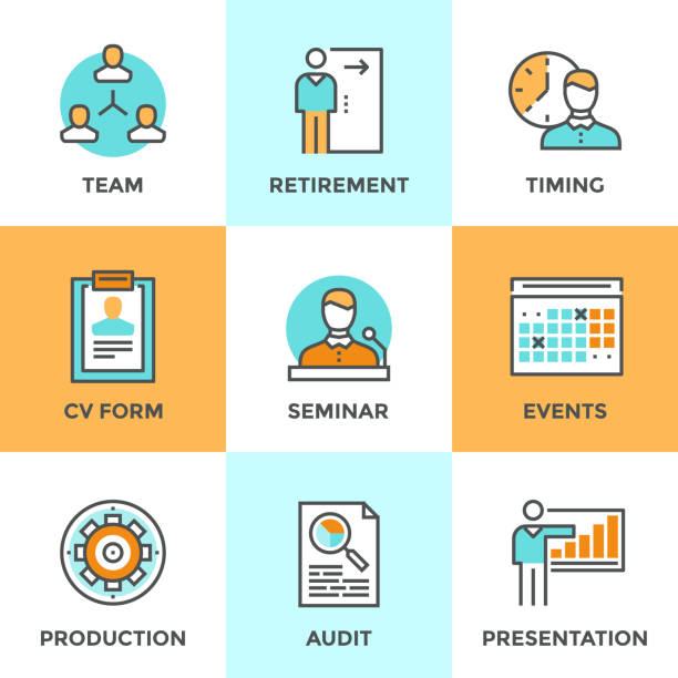 ilustrações, clipart, desenhos animados e ícones de conjunto de ícones de linha de gestão de empresa - scrutiny analyzing finance data