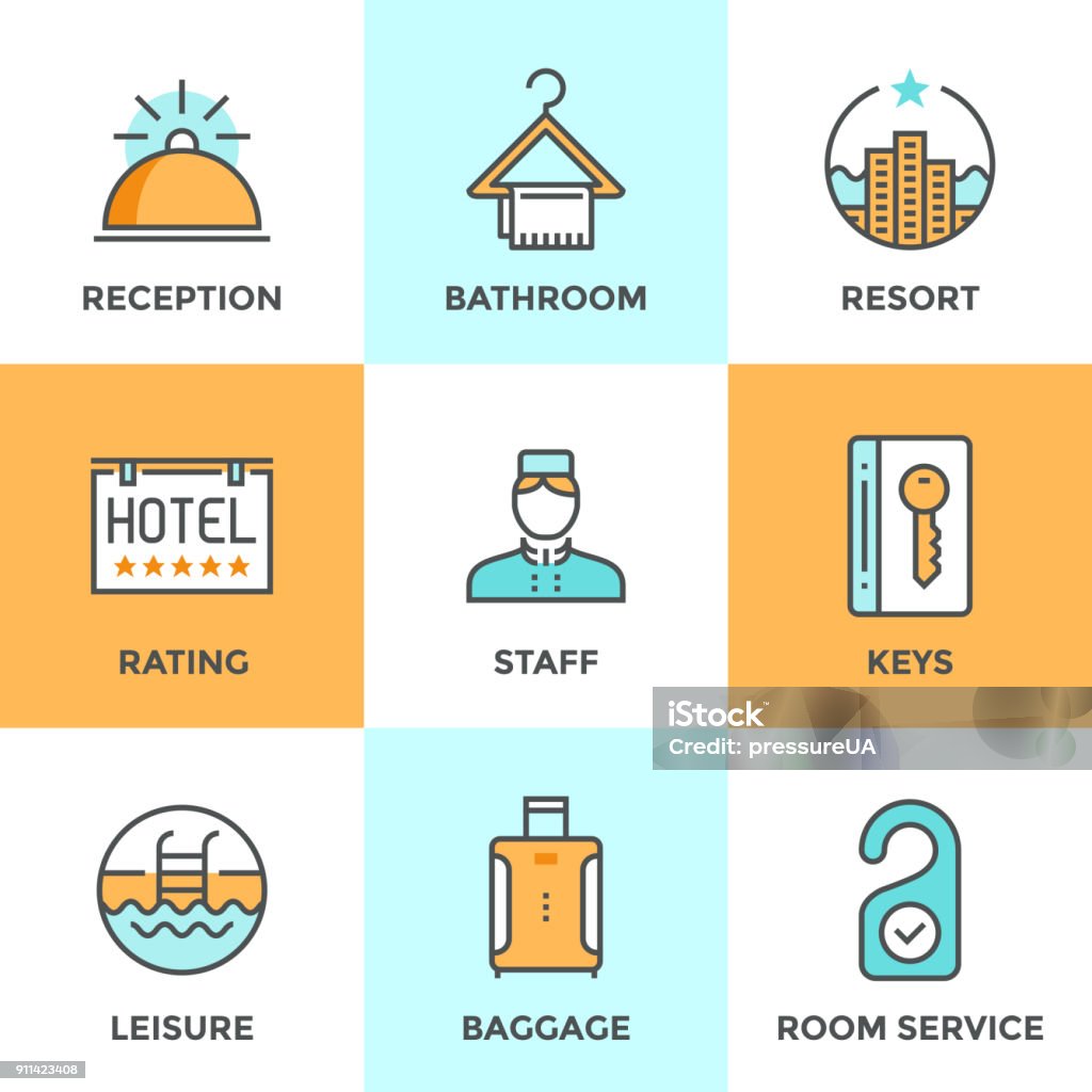 Hotel accommodation services line icons set Line icons set with flat design elements of hotel services and luxury resort accommodation, reception bell, room keys, leisure activity, tourist baggage. Modern vector pictogram collection concept. Tourist Resort stock vector