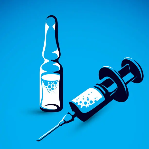 Vector illustration of Vector graphic illustration of plastic disposable syringe for medical injections and ampoule with medicine. Antivirus vaccination concept.