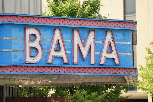 Tuscaloosa, Alabama, USA - September 9, 2007: Neon Bama sign on front of the Bama Theater in downtown Tuscaloosa, Alabama.  Sign located on Greensboro avenue in downtown.