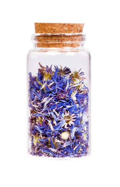 Dried cornflower tea in a bottle with cork stopper for medical use.