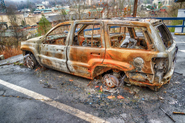 istock Burned Out Car Gutted By Forest Fire