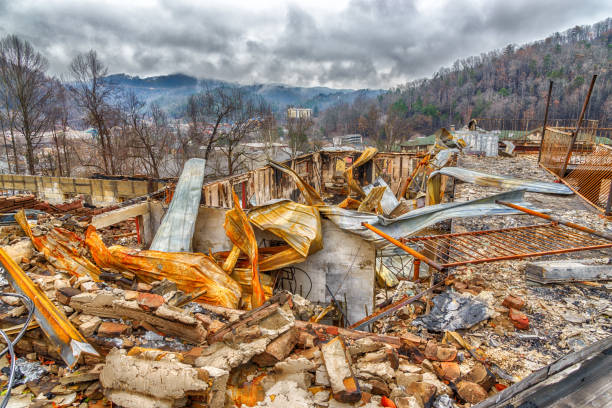 istock Charred Remains of Mountainside Motel After Forest Fire 911439088