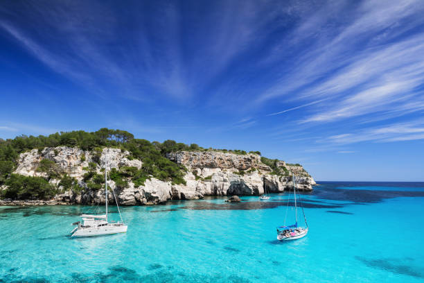 istock Beautiful bay in Mediterranean sea with sailing yachts 911442044