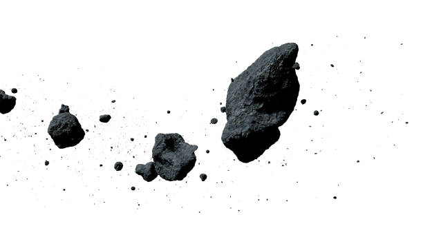 uno sciame di asteroidi isolati su sfondo bianco (illustrazione 3d) - cratere meteoritico foto e immagini stock