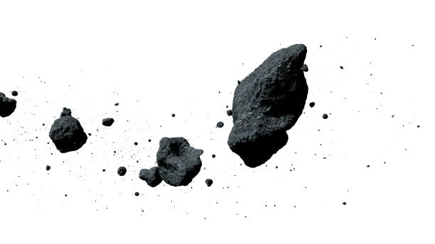 beyaz arka plan üzerinde izole asteroitler sürüsü (3d çizim) - asteroit stok fotoğraflar ve resimler